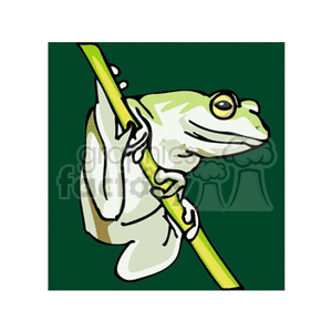 The clipart image shows a stylized cartoon of a green frog clinging to a vertical plant stem or branch. The frog's hind limbs are visible and it has prominent eyes, which are characteristic features of many frog species.