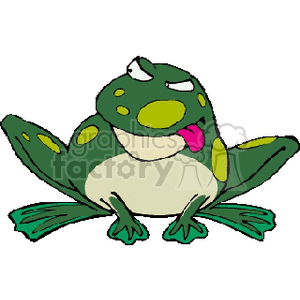 This clipart image features a cartoon frog with a grumpy or unhappy expression. The frog has green skin with darker green spots and is sticking out its pink tongue. It appears to be sitting on its hind legs, which are spread out, and its forelimbs are also visible. The frog's eyes are half-closed and slanted downward in a way that suggests annoyance or anger.