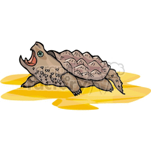 The clipart image depicts an alligator snapping turtle, which is a species of large freshwater turtle known for its rugged, spiky shell and powerful jaw. The turtle is portrayed with an exaggerated, open mouth showing a hooked beak characteristic of its species.