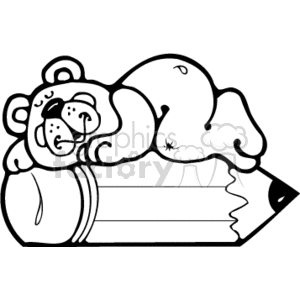 The clipart image shows a black and white cartoon-style drawing of a cute bear laying on a pencil in a country or school-themed setting. The bear appears to be an animal education supply, possibly representing a teacher or student.