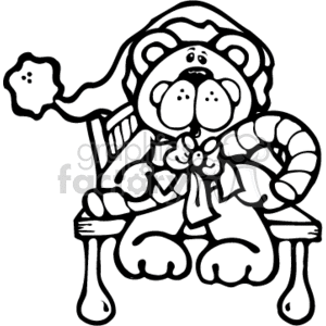 The image depicts a line art illustration of a country-style teddy bear sitting on a bench. The bear is holding a candy cane and is adorned with a bow at its neck, creating a Christmas or festive theme. The artwork is simple and would be suitable for coloring activities.
