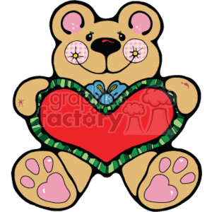 This clipart image shows a brown teddy bear dressed in country-style clothing, holding a red heart. This image is likely associated with Valentine's Day or romantic themes.
