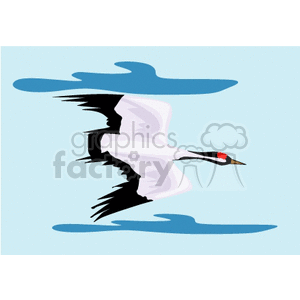 A clipart image of a crane bird in flight, with white and black plumage, and a red crown. The bird is flying against a light blue sky with stylized blue clouds.