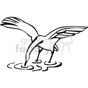 A black and white clipart image depicting a bird with long legs and a long neck, typically resembling a crane or egret, wading in water and bending down to feed.