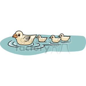 A clipart image of a mother duck swimming in water with three ducklings following behind her.