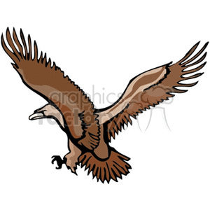 Clipart image of a brown eagle in mid-flight with wings spread.