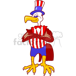 Cartoon illustration of an eagle wearing a patriotic outfit with red and white stripes and blue accents, along with a top hat.