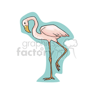A cartoon clipart image of a pink flamingo standing on one leg against a light blue background.