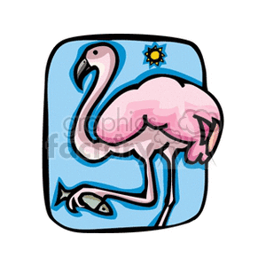 A colorful clipart image of a pink flamingo standing on one leg holding a fish with a small sun in the background.