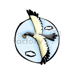 Clipart image of a bird flying in the sky with clouds in the background.