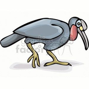 This is a clipart image of a bird with a long beak and gray-blue feathers, walking on the ground. The bird has yellow legs and a red patch around its neck.