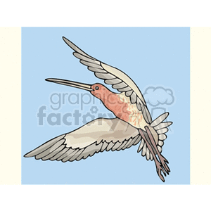 A clipart image of a bird with long wings and a long beak flying in the sky.