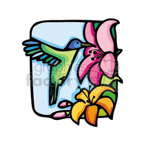 This clipart image features a colorful hummingbird hovering near vibrant pink and yellow flowers, set against a light blue square background.
