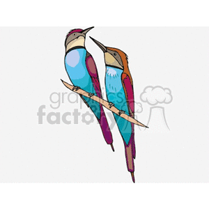 A clipart image of two colorful birds perched on a branch, featuring vibrant blue, purple, and brown plumage.