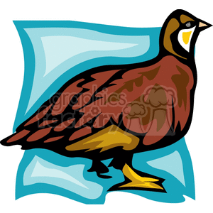 Colorful clipart illustration of a partridge with brown and yellow feathers standing against a blue background.