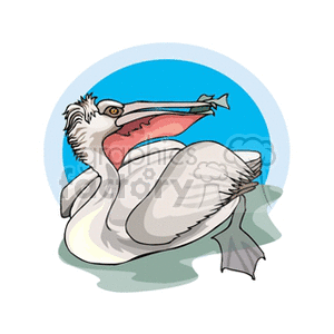 Clipart image of a pelican catching a fish with its beak in front of a blue circle background.