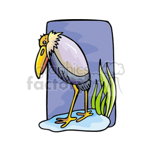 A whimsical clipart illustration of a stork with yellow legs and a large beak, standing in a small puddle with some green plants and a blue rectangular background.