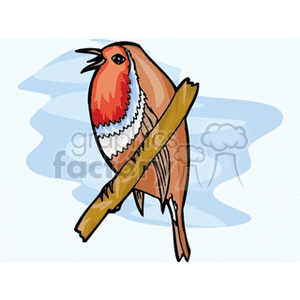 A clipart image of a bird with a red breast and brown body perched on a branch.