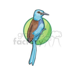 Clipart image of a blue and brown bird perched against a green circular background.