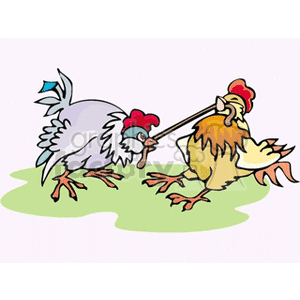 Clipart image of two chickens fighting with each other for a worm on the grass.