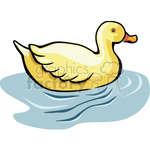A cartoon illustration of a yellow duck swimming in water.
