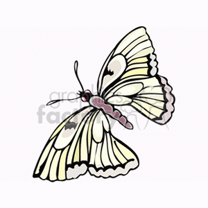 The image features a stylized drawing of a butterfly with its wings spread. The wings have a combination of white and pale yellow with black accents and patterns. The butterfly's body is shaded with a gradient of pink and purple, and it has long, curved antennae.