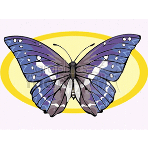 The image is a clipart illustration of a butterfly. The butterfly is predominantly purple with some blue tones and white details that adorn its wings, featuring circular and stripe-like patterns. There's a simple yellow and light purple background framing the butterfly.