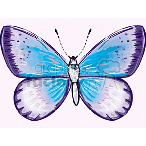 The clipart image depicts a stylized butterfly with large wings primarily in shades of blue and purple. The wings have a pattern that includes spots and streaks, suggesting a blend of artistic interpretation and natural butterfly wing patterns. The body of the butterfly is slender, and it has two long, thin antennae.