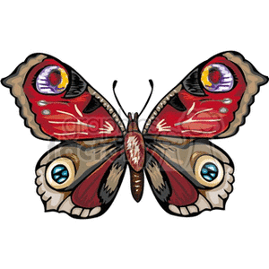 The image shows a stylized clipart of a butterfly with vibrant patterns on its wings. The wings feature colors such as red, brown, and beige, with eye-like designs that include blue and red accents.