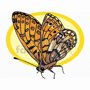 This clipart image shows a single butterfly in the center with its wings spread out. The butterfly is decorated with various patterns and spots in shades of orange, yellow, and black. The background features a simple yellow circular design, highlighting the butterfly and giving the impression of a sun-like glow.