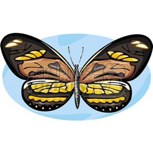 The clipart image presents a stylized butterfly with a primarily yellow and black color pattern on its wings, which are open. The background is a soft blue with light shading to suggest a sky.