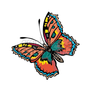 The image is of a colorful butterfly with its wings spread. The pattern on the wings features shades of orange, blue, and black with highlights and outlines in yellow and black. The butterfly is depicted in a cartoony, clipart style suitable for educational materials, children's books, or decorative purposes.
