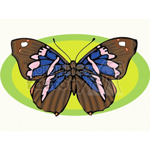 This clipart image features a stylized butterfly with brown, blue, and white wings extended. It appears to be sitting on a two-tone circular background that is green and yellow, which may signify a leaf or a simple abstract design.