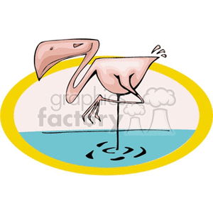 A whimsical clipart image of a pink flamingo standing on one leg in water, surrounded by a yellow oval frame.