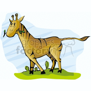 The image is a clipart illustration of a stylized giraffe. The giraffe is depicted with exaggerated features, simplified lines, and a cartoonish appearance. It seems to be standing on a small patch of green, indicating grass, with a blue swoosh in the background that might represent the sky.