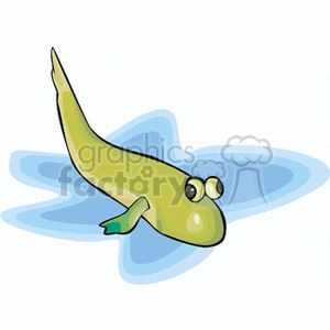 This clipart image depicts a stylized cartoon fish with a simple design. It features a yellow-green fish with prominent eyes, a tail, and a fin. The fish appears to be in water, indicated by the blue wavy lines around it.