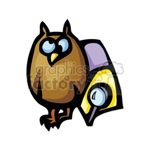 A clipart of an owl standing next to a magnifying glass.