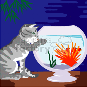 The clipart image shows a cartoon cat with white and grat fur. The cat is sitting down next to a fish bowl, and watching the fish go around
