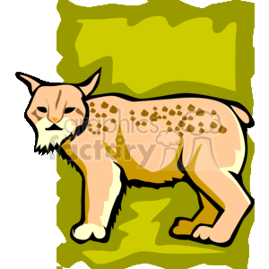 The clipart image depicts a stylized representation of a lynx. The animal is characterized by prominent tufts of black hair on the tips of the ears, a short tail, and a coat with spots. The background consists of abstract shapes in green and yellow, which might signify a simplified representation of nature or foliage.