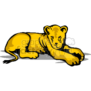   This image depicts a stylized clipart illustration of a lion cub in a resting position. Its coloration is a simplified yellow with some shadowing to provide a sense of dimension. The cub is looking forward with a tranquil expression on its face. It appears friendly and approachable, making it suitable for a variety of applications, including educational materials, children