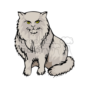 The image is a clipart of a fluffy Persian cat with a prominent coat of fur, sitting and facing towards the viewer. It has noticeable facial features with bright yellow eyes and a serene expression.