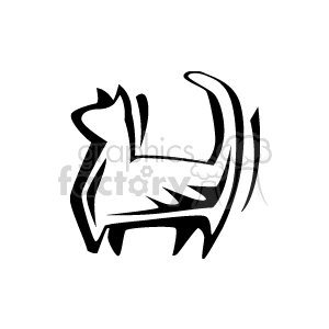 The clipart image depicts a stylized, abstract representation of a cat. The cat is shown in a simplistic and modern design, using bold black lines to create its outline and internal features. The feline is standing, with its tail prominent and ears pointed upwards.