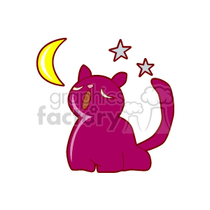 The clipart image features a stylized, cartoonish purple cat with its eyes closed, singing or meowing at the night sky. Above the cat, there is a crescent moon and two stars, all stylized to match the simple cartoon design of the image.