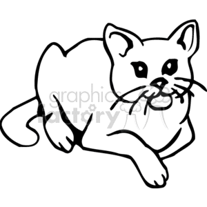 The image is a simple black and white line drawing (clipart) of a cat. The cat is depicted in a lying position with a focus on its facial features, including eyes, whiskers, and a small nose.