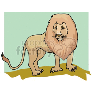 The clipart image depicts a stylized illustration of a male lion standing on what appears to be a patch of ground. The lion has a mane, which indicates its gender and status as the king of the jungle, a common moniker for lions. The animal is illustrated in a cartoonish style suitable for educational materials, children's books, or decorative purposes.