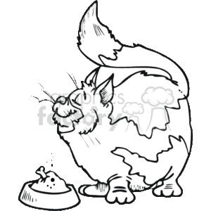 The clipart image shows a cat standing next to a small bowl, possibly a food dish. The cat's tail is lifted and appears to be in a playful or energized state. The style is outlined, without any fill colors, giving it a simple and bold look suitable for illustrative purposes relating to pets, pet care, or animals in general.