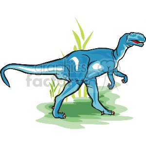 The clipart image shows a stylized blue dinosaur standing among green plants. It appears to be a bipedal dinosaur, possibly resembling a Velociraptor or a generic theropod dinosaur given its shape and posture.