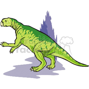 The clipart image shows a stylized illustration of a green dinosaur, possibly intended to resemble a theropod or a bipedal dinosaur similar to a Tyrannosaurus rex or Velociraptor, characterized by its large hind legs, short arms, and upright posture. In the background, there is a simple representation of what appears to be rocky terrain or a mountain.