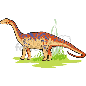   This clipart image displays a colorful, cartoon-style depiction of a sauropod dinosaur. The dinosaur has a long neck and tail, and its body is adorned with patterns of blue and orange. It stands on four legs amidst some green vegetation. 