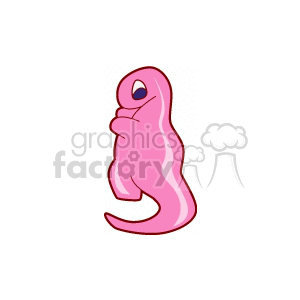 The clipart image shows a cartoon of a cute baby dinosaur. It is pink with a round body and is standing upright. The dinosaur has a friendly and bashful expression with one hand touching its mouth.